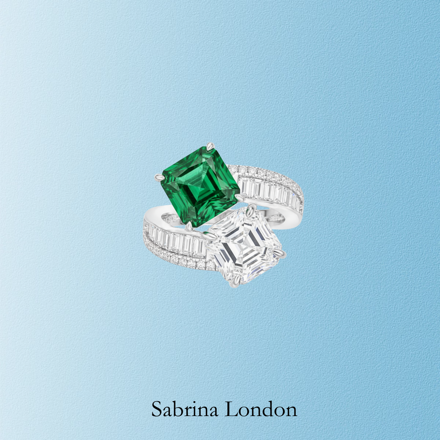 Sabrina London Classic Ring Square Emerald & Diamond 18K Gold 3ct each Dual Stone
