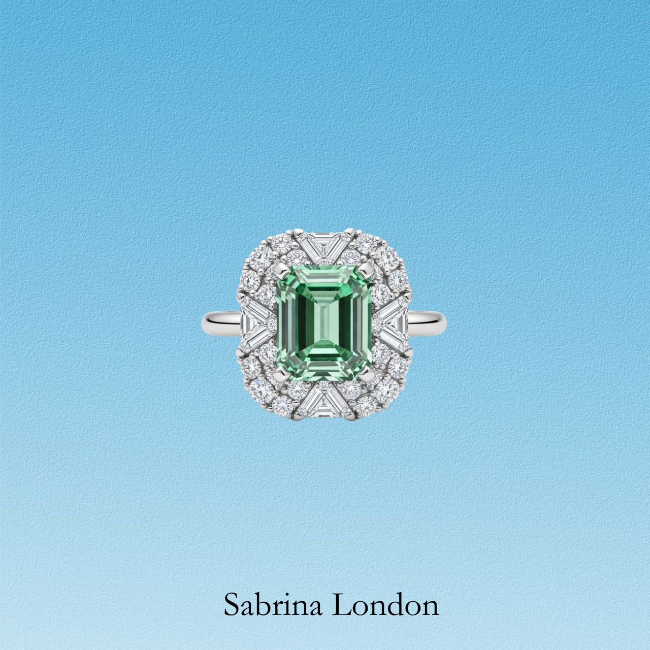 Sabrina London Classic Ring Lab-Grown Emerald 18K Gold 5ct Emerald Cut Diamond Halo
