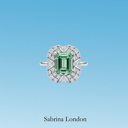 Sabrina London Classic Ring Lab-Grown Emerald 18K Gold 5ct Emerald Cut Diamond Halo