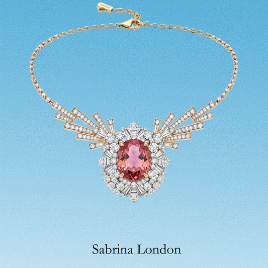 Sabrina London Classic Necklace Lab-Grown Padparadscha Sapphire 18K Gold 5ct Round Art Deco Diamond Setting