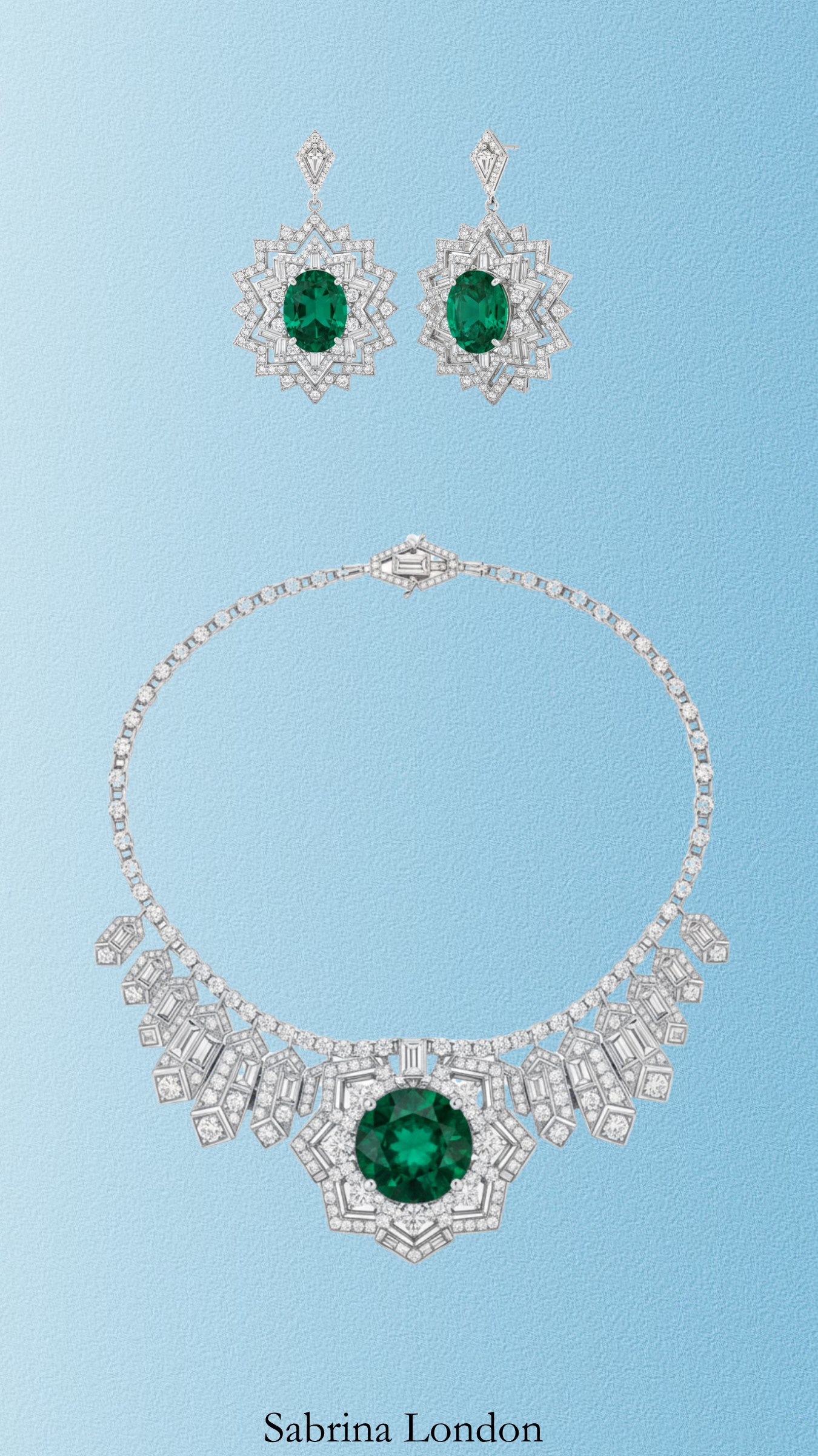 Sabrina London Classic Set 3-carat Oval Emerald Earrings 7-carat Round Emerald Necklace 18K Gold Pt 950