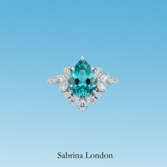 Sabrina London Classic Ring Lab-Grown Paraiba Tourmaline 18K Gold Pear Shape 5-6ct Central Stone