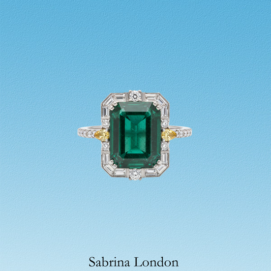 Sabrina London classic ring Lab-Grown “Columbia Muzo green” emerald 18K gold 5-carats Center stone