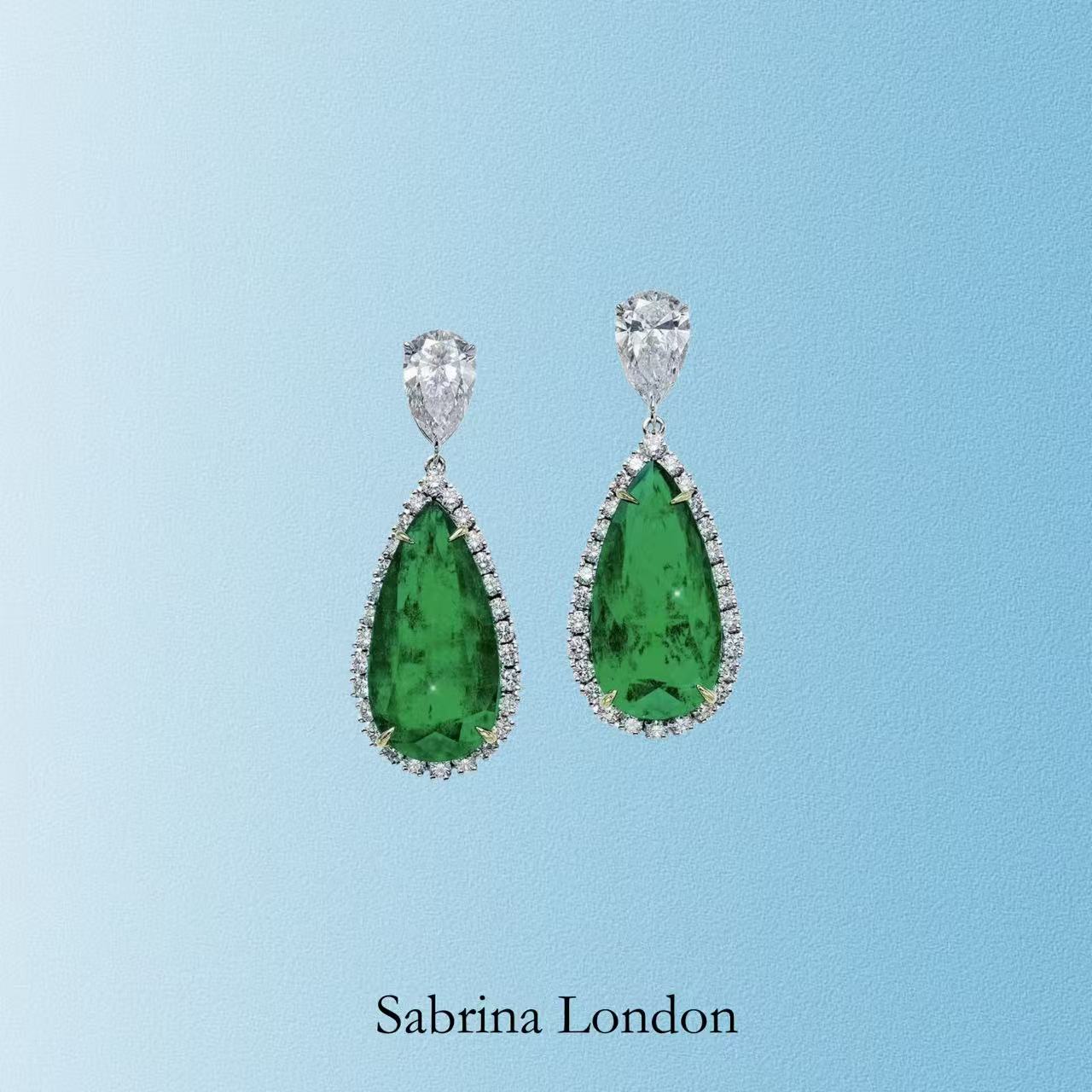 Sabrina London classic eardrop Lab-Grown “Columbia Muzo green”emerald 18K gold 5-carats Center stone