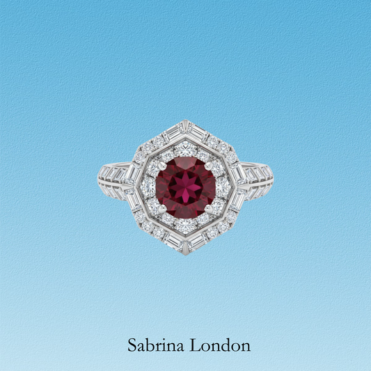 Sabrina London Classic Ring Lab-Grown “pigeon blood”Ruby 18K Gold 5-6ct Center Stone