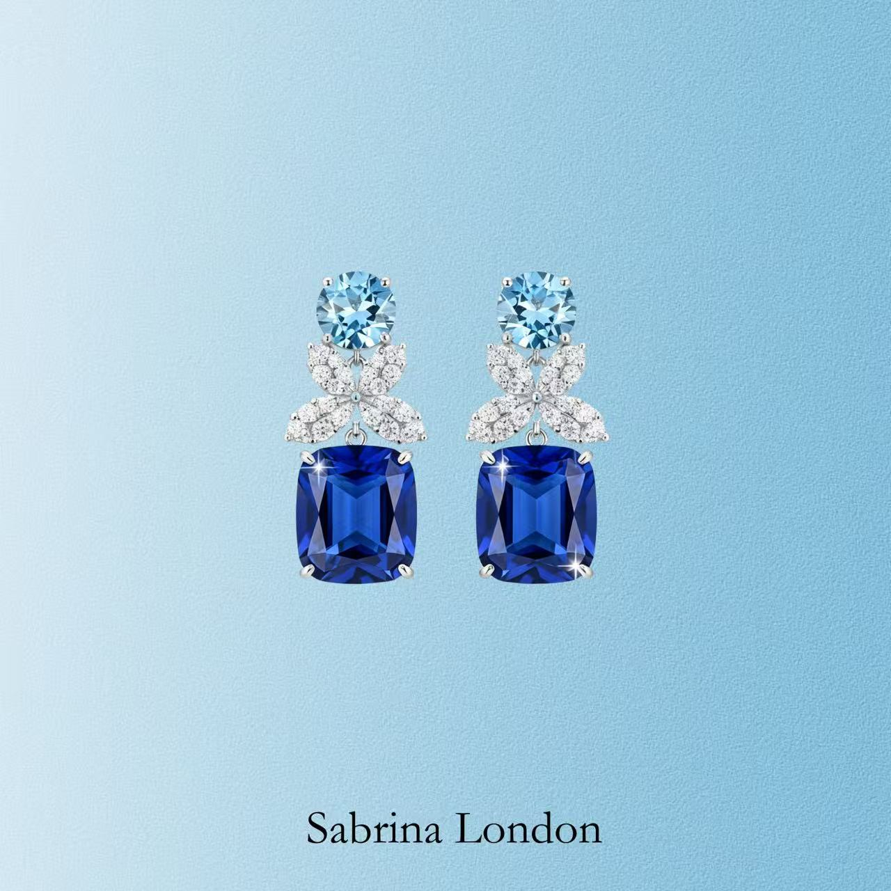 Sabrina London Classic Earrings Lab-Grown Royal Blue Sapphire 18K Gold 5-6ct Aquamarine 2ct Diamond Accents