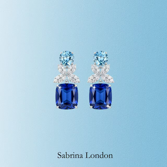 Sabrina London Classic Earrings Lab-Grown Royal Blue Sapphire 18K Gold 5-6ct Aquamarine 2ct Diamond Accents