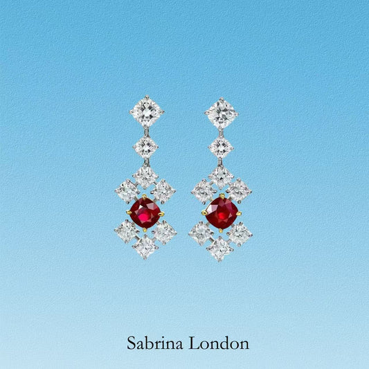 Sabrina London classic eardrop Lab-Grown “pigeon blood”ruby 18K gold 3-carats Center stone