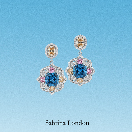 Sabrina London Classic Earrings Lab-Grown Cornflower Sapphire 18K Gold 5ct Colored & White Diamonds 0.3ct each Yellow Sapphire 2.5-3ct